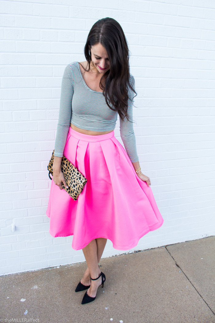 Romwe pink midi flare skirt