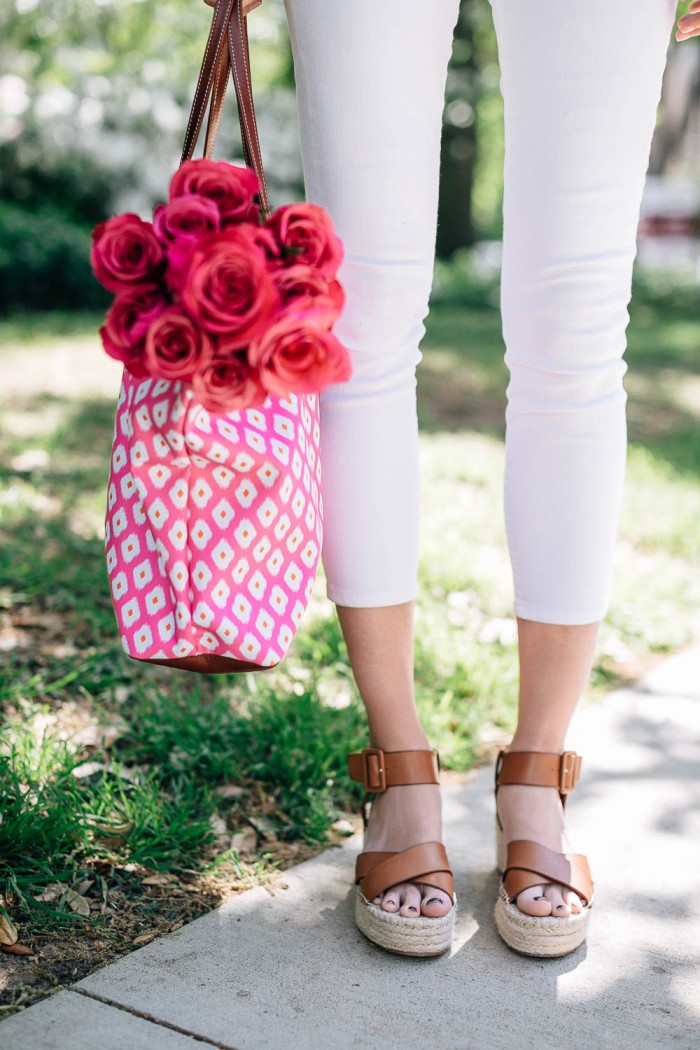 Amanda Miller wearing Audrina Wedges from Sole Society and holding the St. Anne Tote from Barrington Gifts
