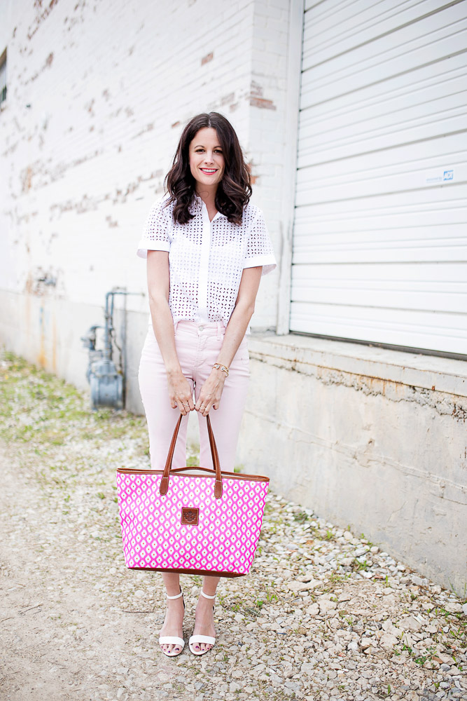 Amanda Milling wearing a Barrington Gifts tote for Mother's Day