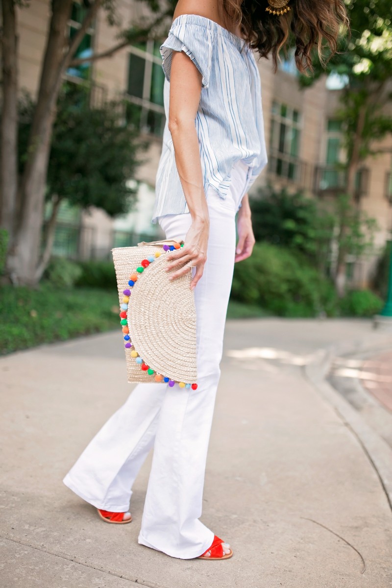 Amanda Miller wearing tall jeans for women and a The Miller Affect wearing long white jeans and a Straw Pom Pom Trim Clutch