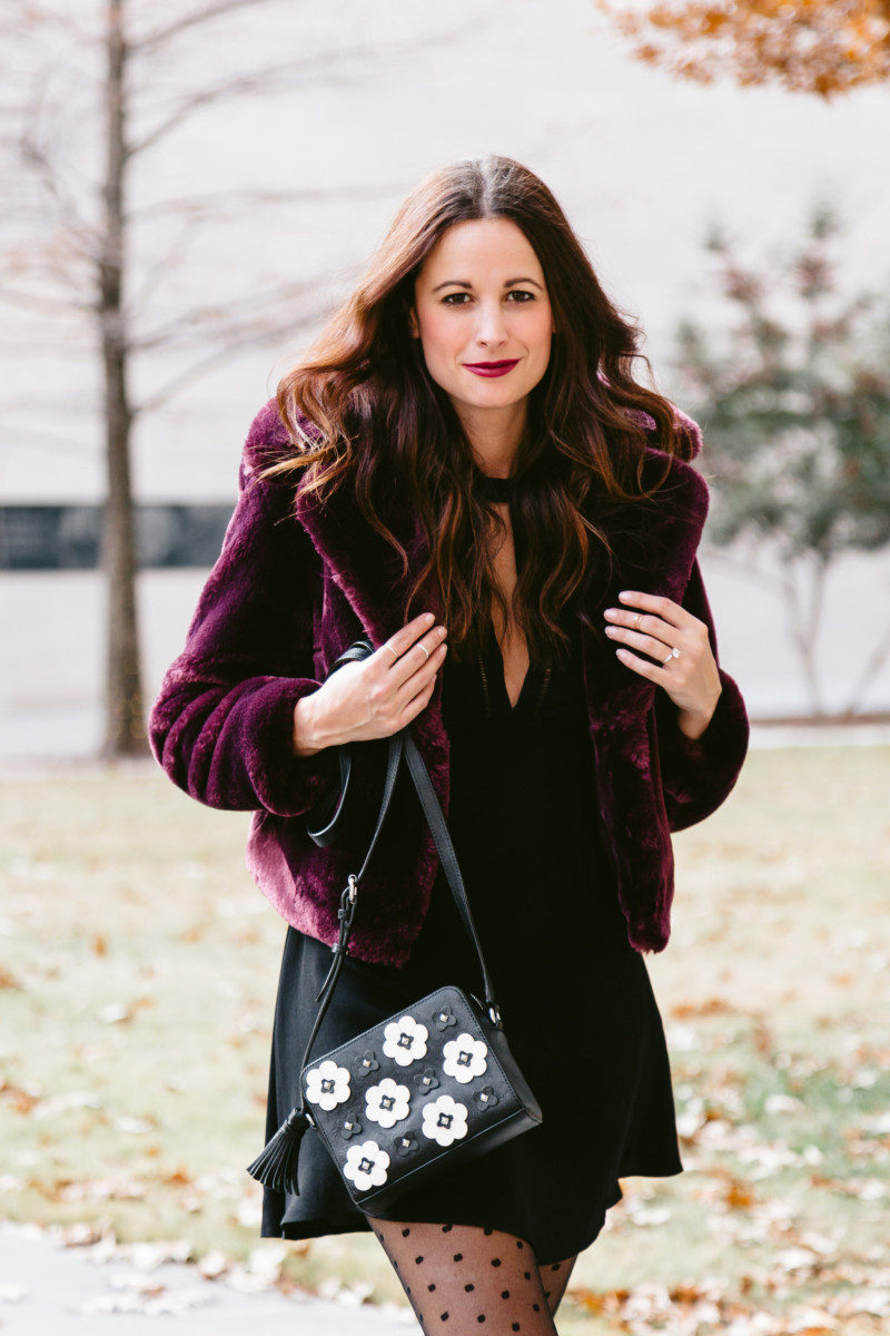 The Miller Affect wearing a faux fur coat, a rebecca minkoff crossbody, and black polka dot tights