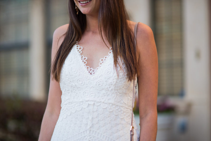 The Miller Affect wearing a white lace bodycon dress for wedding wednesday