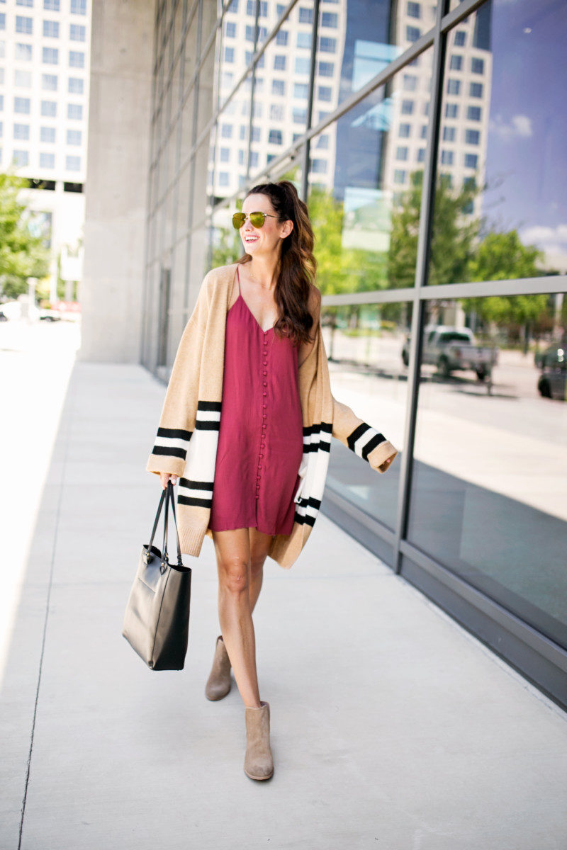 The Miller Affect wearing a burgundy button down slipdress from the N Sale