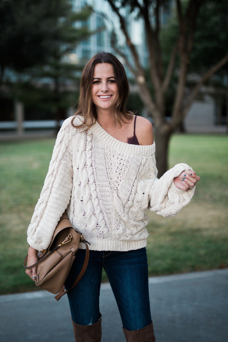 The Miller Affect wearing a beige chenille sweater from express