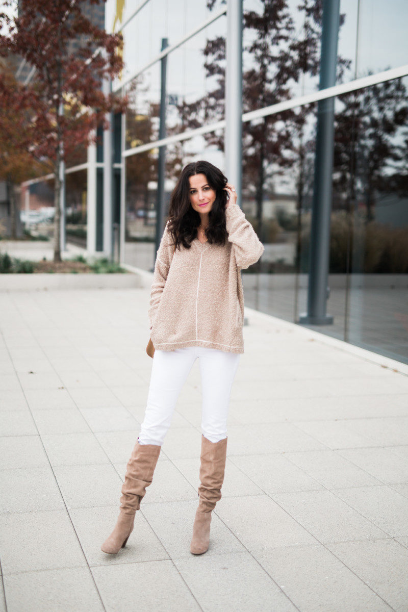 The Miller Affect wearing taupe over the knee boots from Sole Society