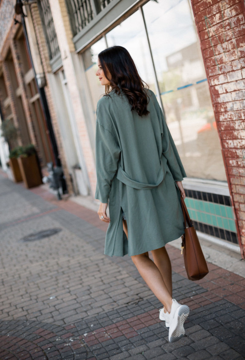the miller affect wearing an olive linen duster from nordstrom
