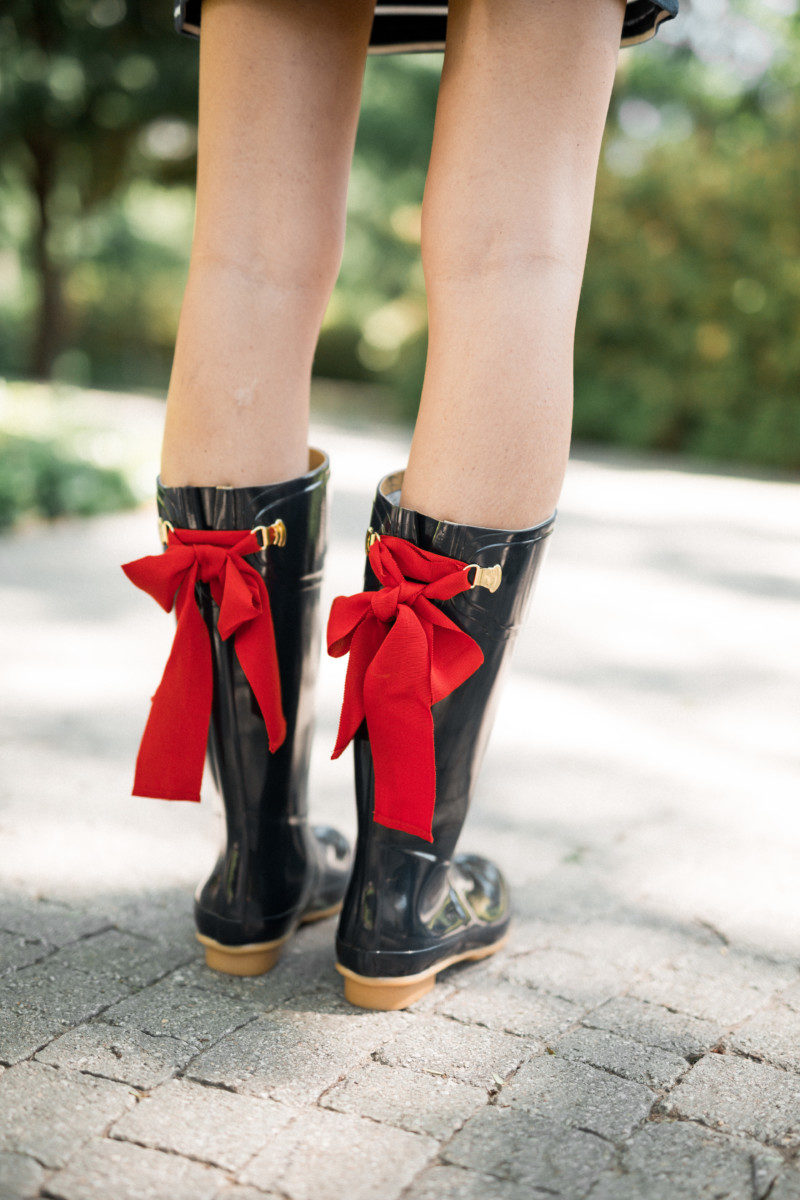 the miller affect wearing red ribbon rain boots from joules clothing at dillards