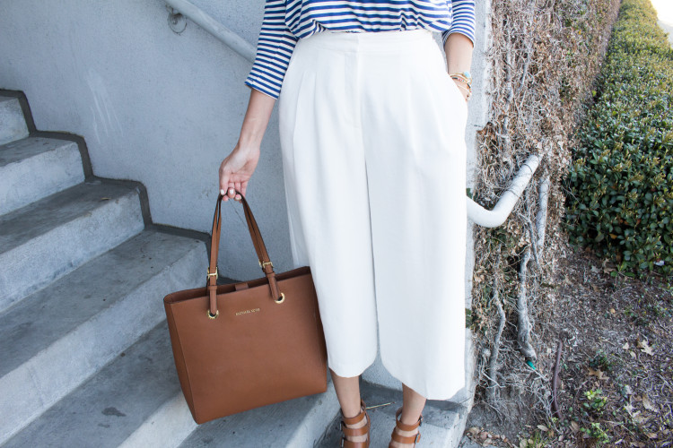 Culottes, Chelsea28 Culottes, Striped Top, France Outfit, Michael Kors Brown Purse