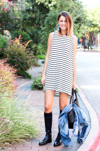 skinny calf, striped dress, leather boots