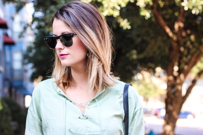 shein lace up top, ray ban clubmaster, balayage hair, ombre, lob hairstyle
