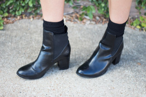leather booties, over the knee socks