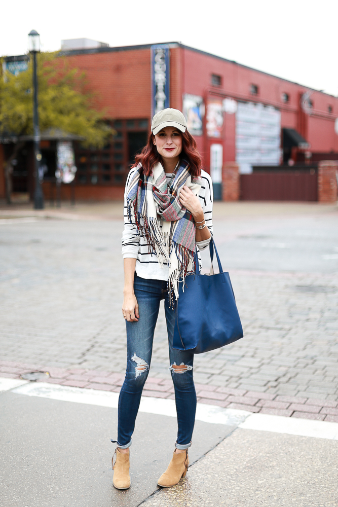 baseball hat, plaid scarf, #countdowntochristmas, street level tote