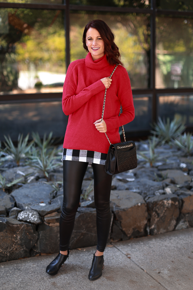 leather booties, red chunky sweater, buffalo plaid, mindy mae's