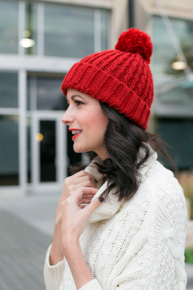 red cable knit pom beanie