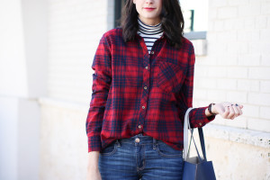 red and navy plaid flannel, distressed skinny jeans, striped turtleneck