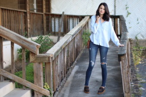 distressed jeans, blue button up, brown australia luxe shoes