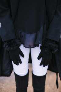 nordstrom black henley top, emke gloves, white jeans