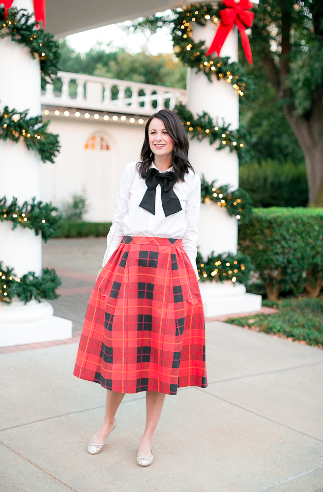 white button up from loft, plaid skirt, gold flats