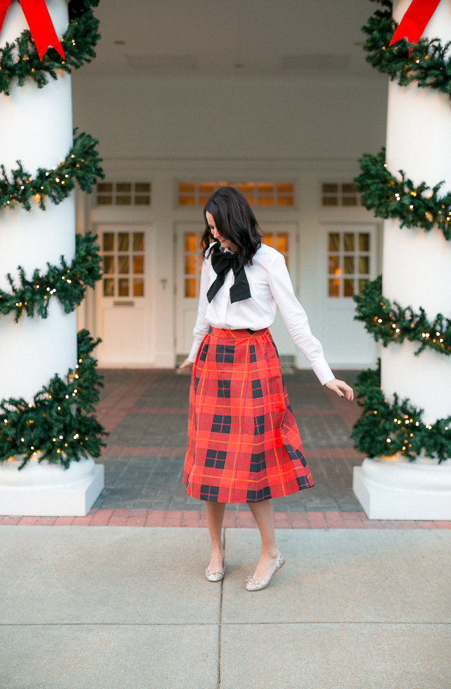 express neck tie, plaid skirt, christmas day outfit