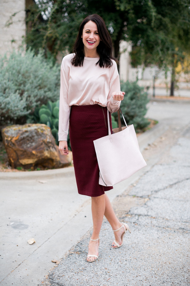 pink street level tote, burgundy pencil skirt