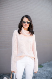 pink knit turtleneck sweater, silver fendi rimless sunglasses