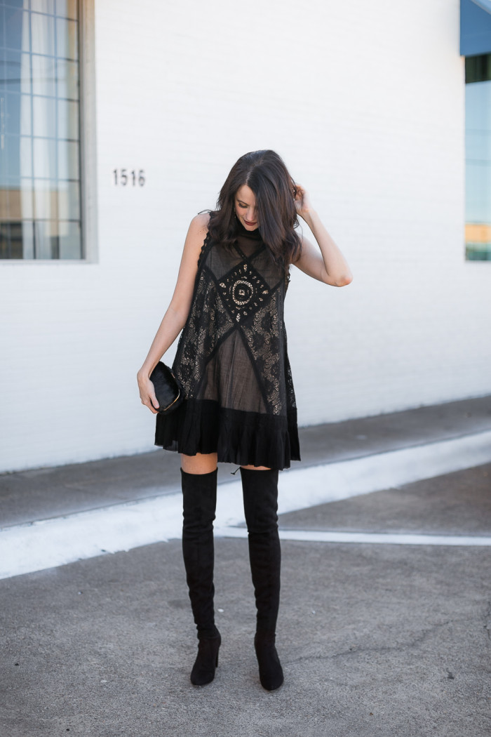 black free people angel shift dress, asos faux fur clutch, black over the knee boots