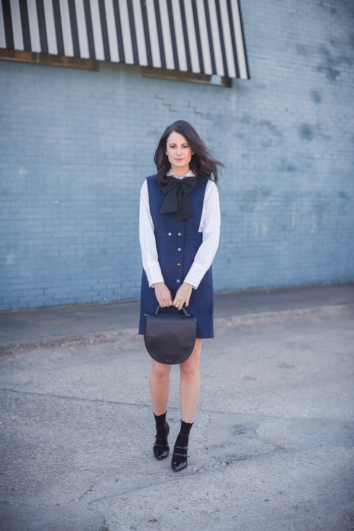 The Miller Affect in a navy pinafore dress from Chicwish