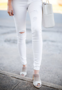 The Miller Affect in white distressed denim and hush puppy mules
