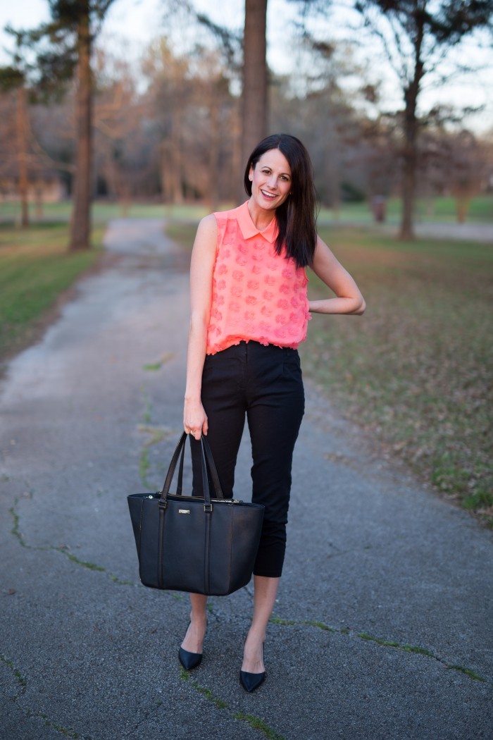 Amanda Miller wearing a coral Floral Front Collared Top from Nordstrom