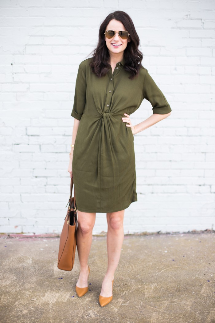 The Miller Affect wearing an olive green knot front shirtdress