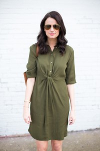 Olive Green Business Casual Knot Front Shirtdress