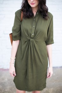 Amanda Miller wearing an olive green topshop maternity shirtdress
