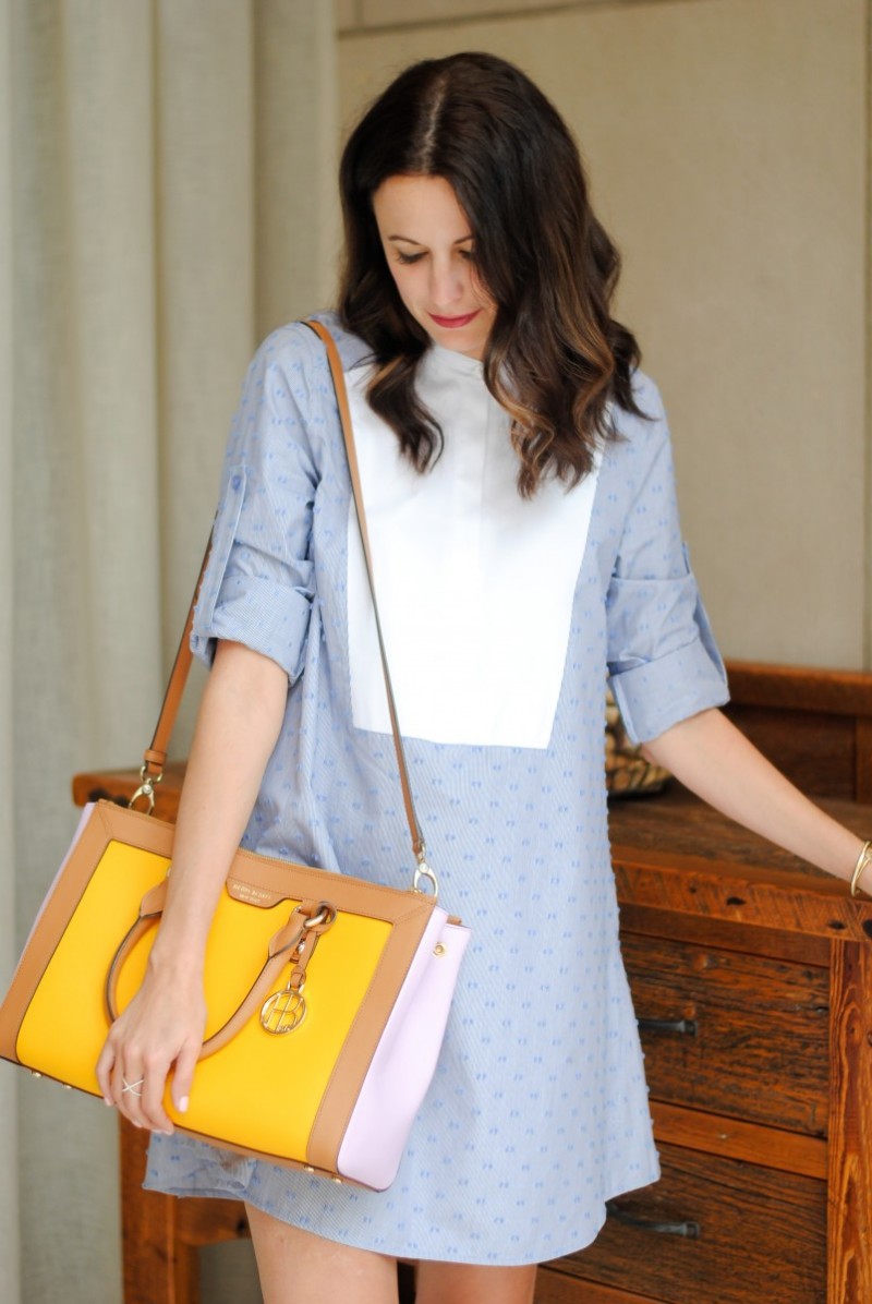 The Miller Affect wearing a blue button up dress and a color block tote for Work Wear Wednesday
