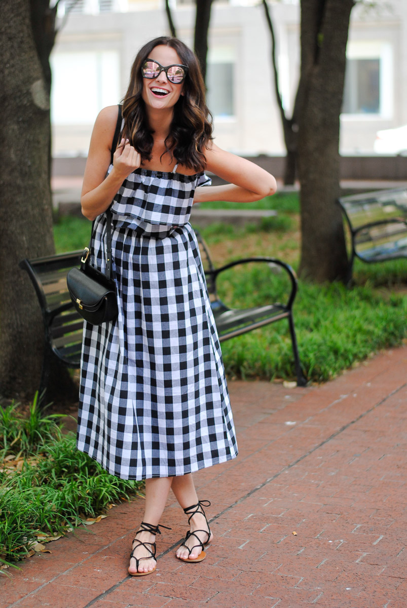 The Miller Affect wearing a Black and White Plaid Off The Shoulder Dress