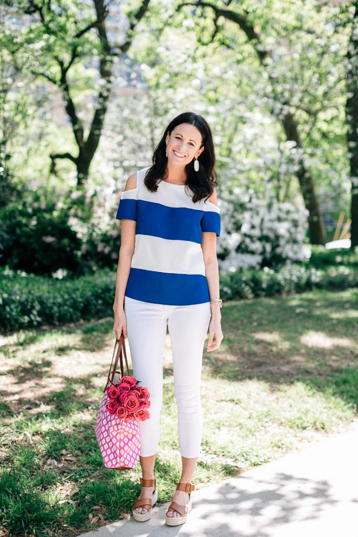 Amanda Miller wearing a blue and white striped top
