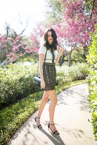 The Miller Affect wearing a black and white lace dress during Goodnight Macaroon Tuesday Flash Sale