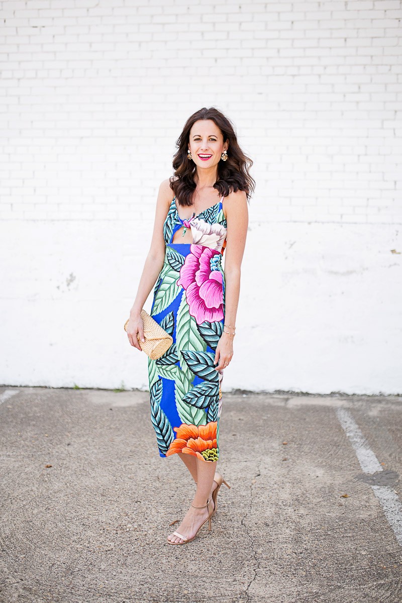 Amanda Miller wearing a multicolor Mara Hoffman Flora Tie Front Dress