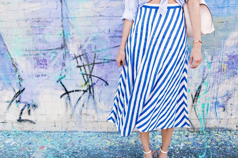 Amanda Miller wearing a blue and white striped L.K. Bennett mini skirt