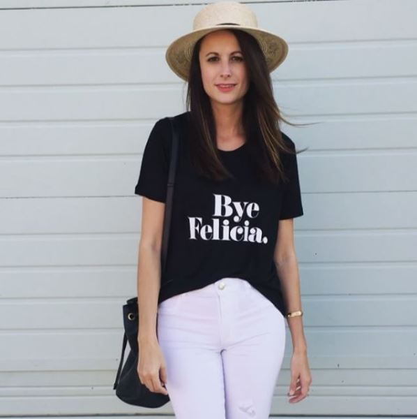 Amanda Miller wearing a Bye Felicia tee shirt under $50