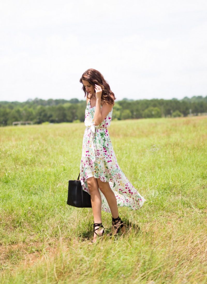 Amanda Miller wearing a Wayf floral dress for her 7 dresses in 7 days series