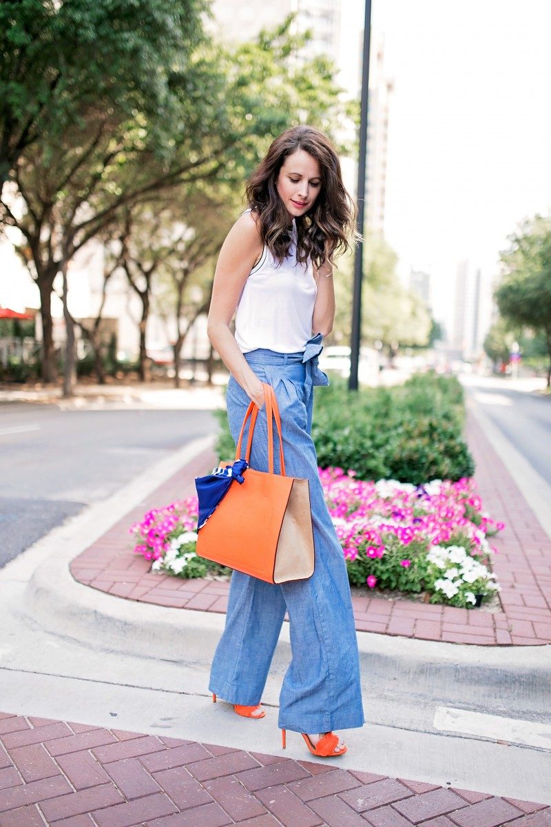 The Miller Affect wearing chambray wide leg belted pants