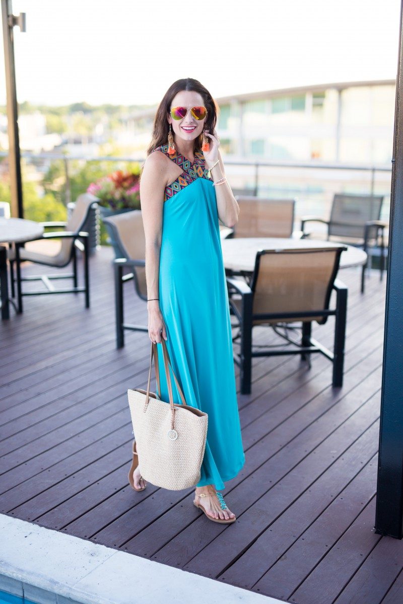 The Miller Affect wearing a blue halter maxi from NY&Co