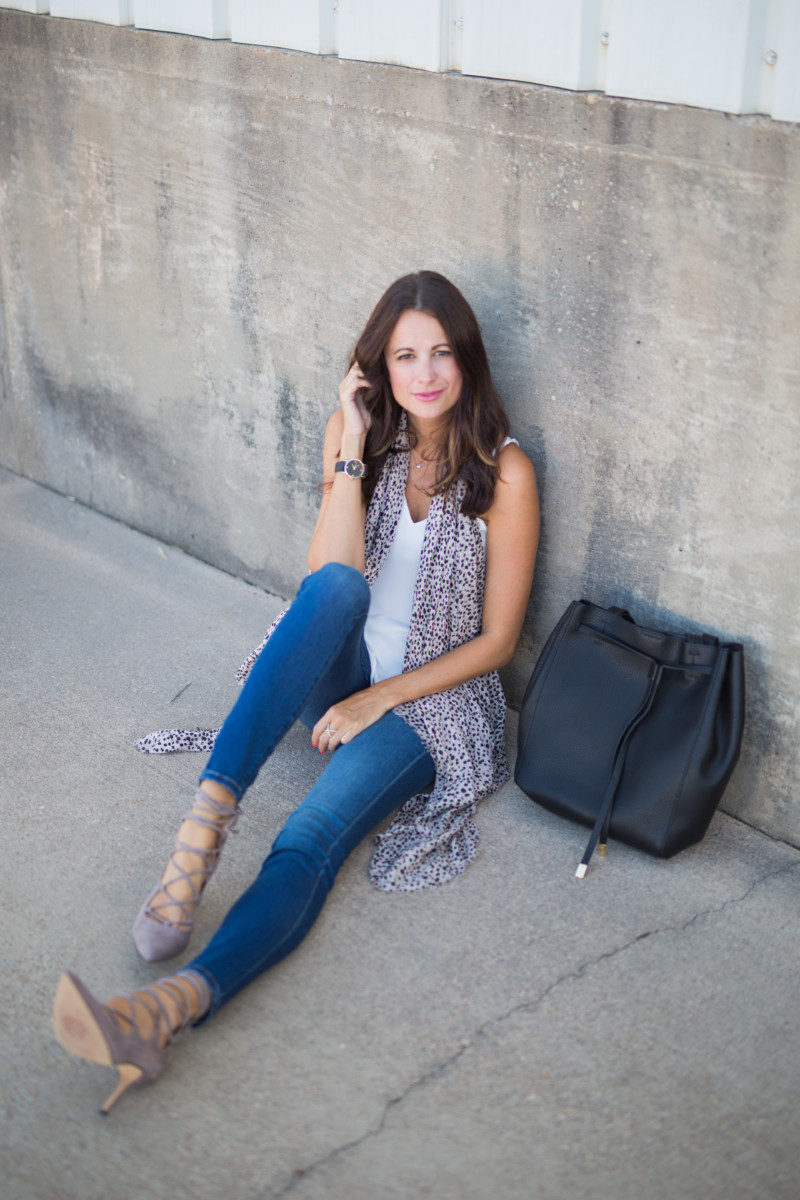 The Miller Affect wearing a dotted scarf from Sole Society, a black BP handbag, and distressed jeans
