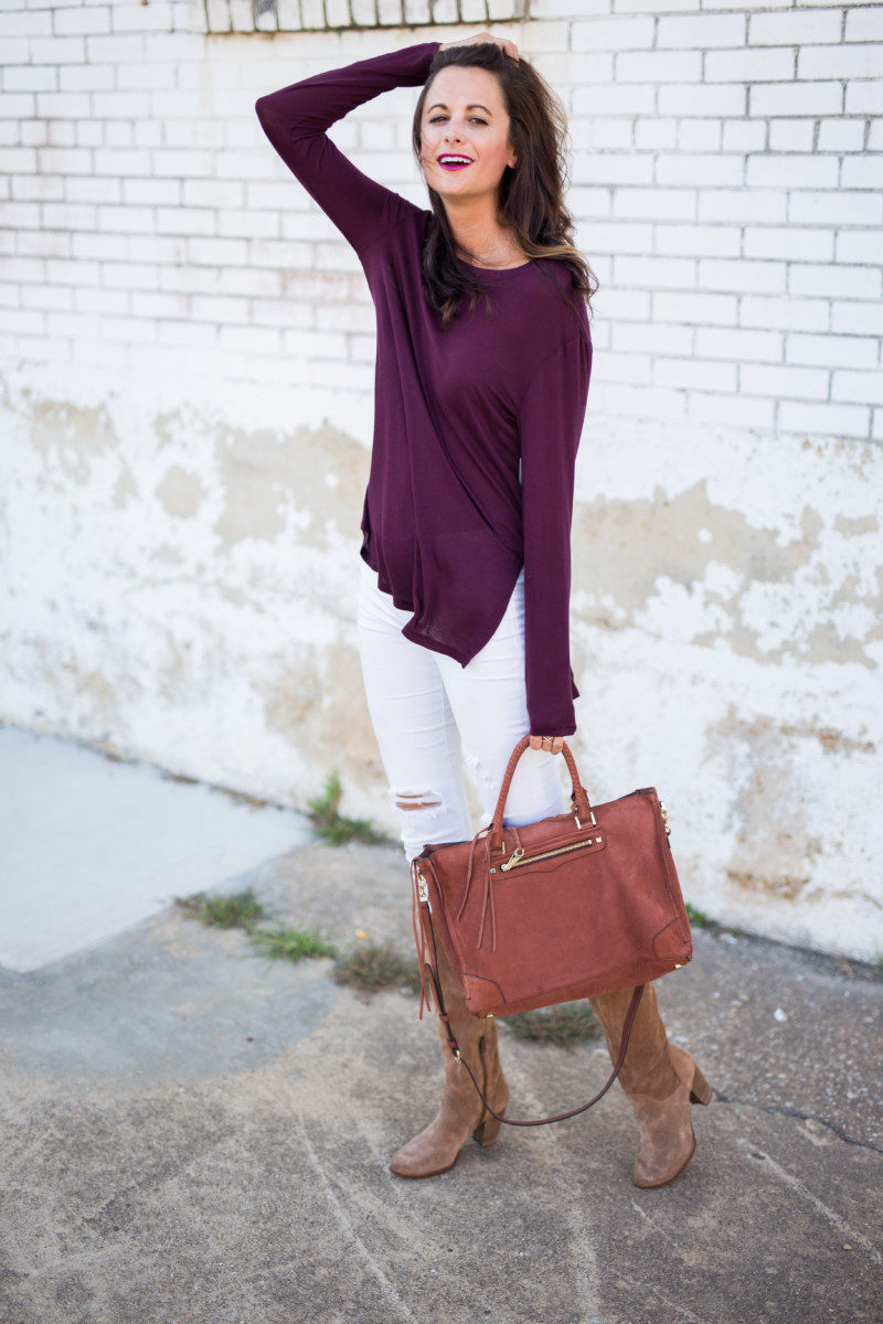 Amanda Miller wearing a burgundy BP. Long Sleeve Tunic Tee on sale for $20