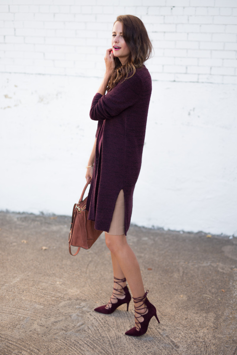 The Miller Affect wearing burgundy lace up heels from Nordstrom