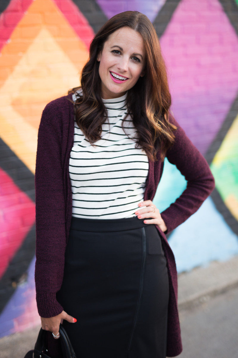 The Miller Affect wearing a stripe top and burgundy cardigan from Nordstrom