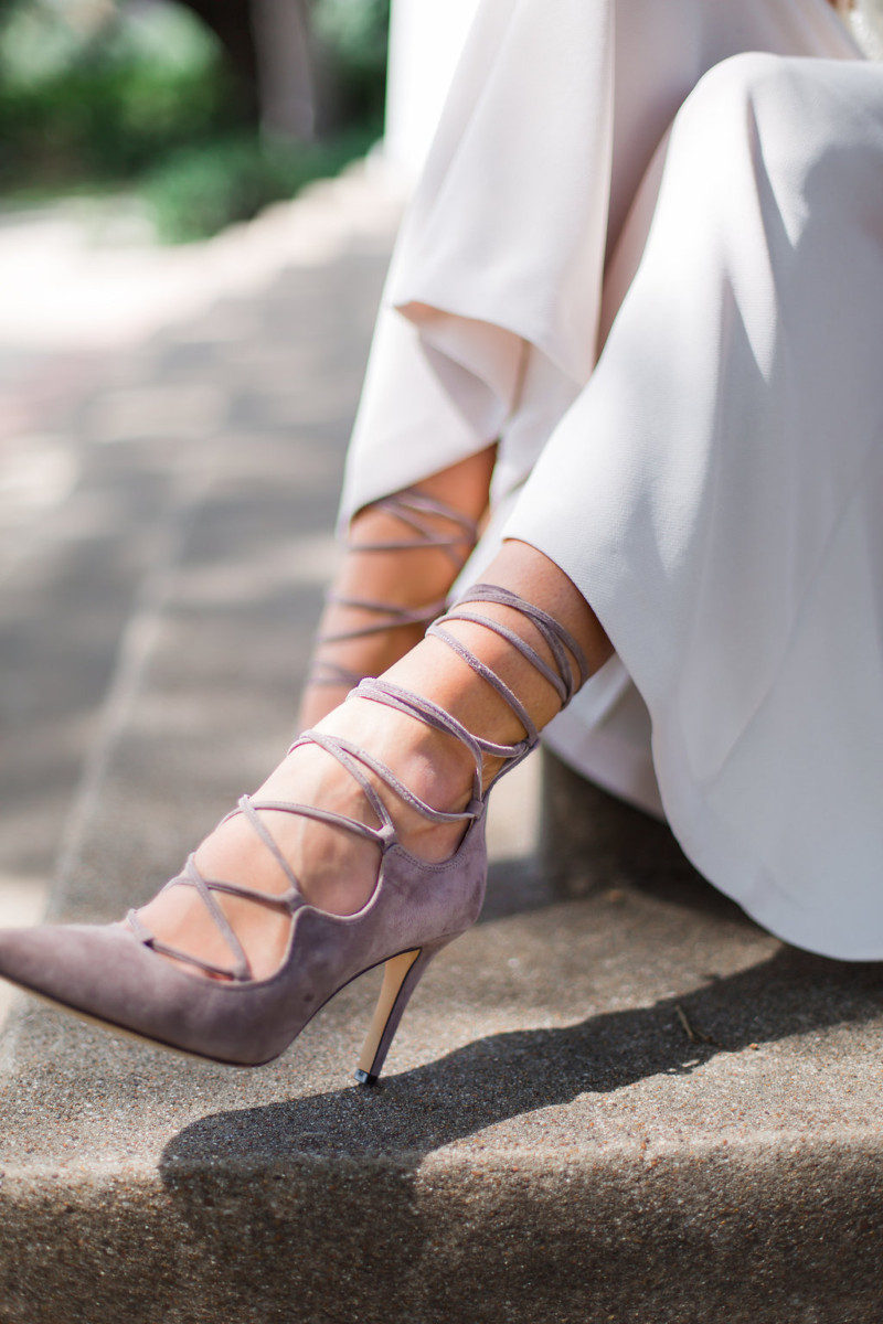 The Miller Affect wearing gray lace up heels from vince camuto