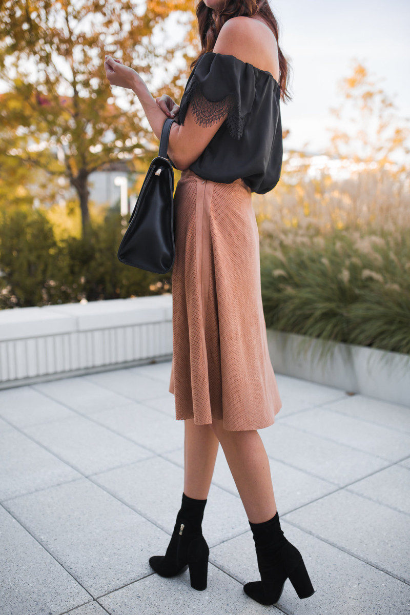 The Miller Affect wearing an almond suede midi skirt for Fall