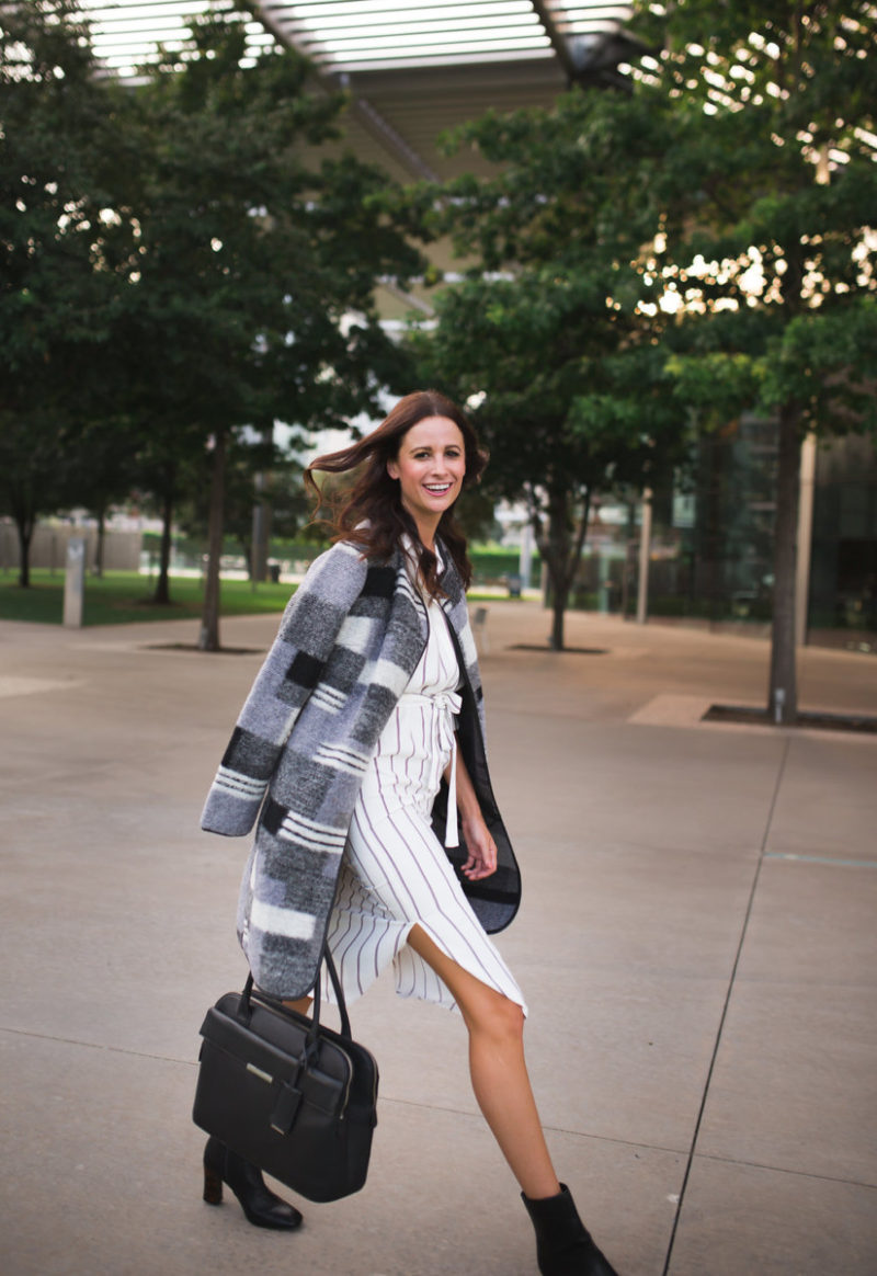 The Miller Affect in a wool grey patchwork coat and striped shirtdress