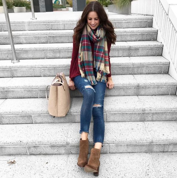 The Miller Affect wearing a plaid sole society scarf, a tan reversible tote from street level, and brown suede booties